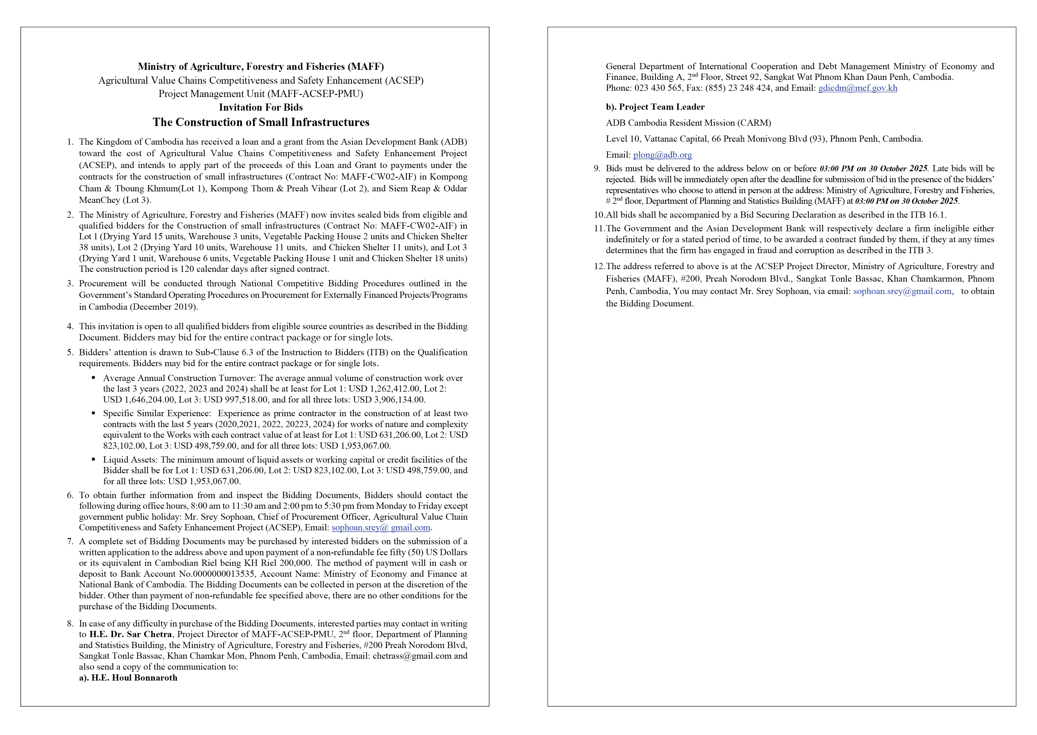 Invitation For Bids The Construction of Small Infrastructures